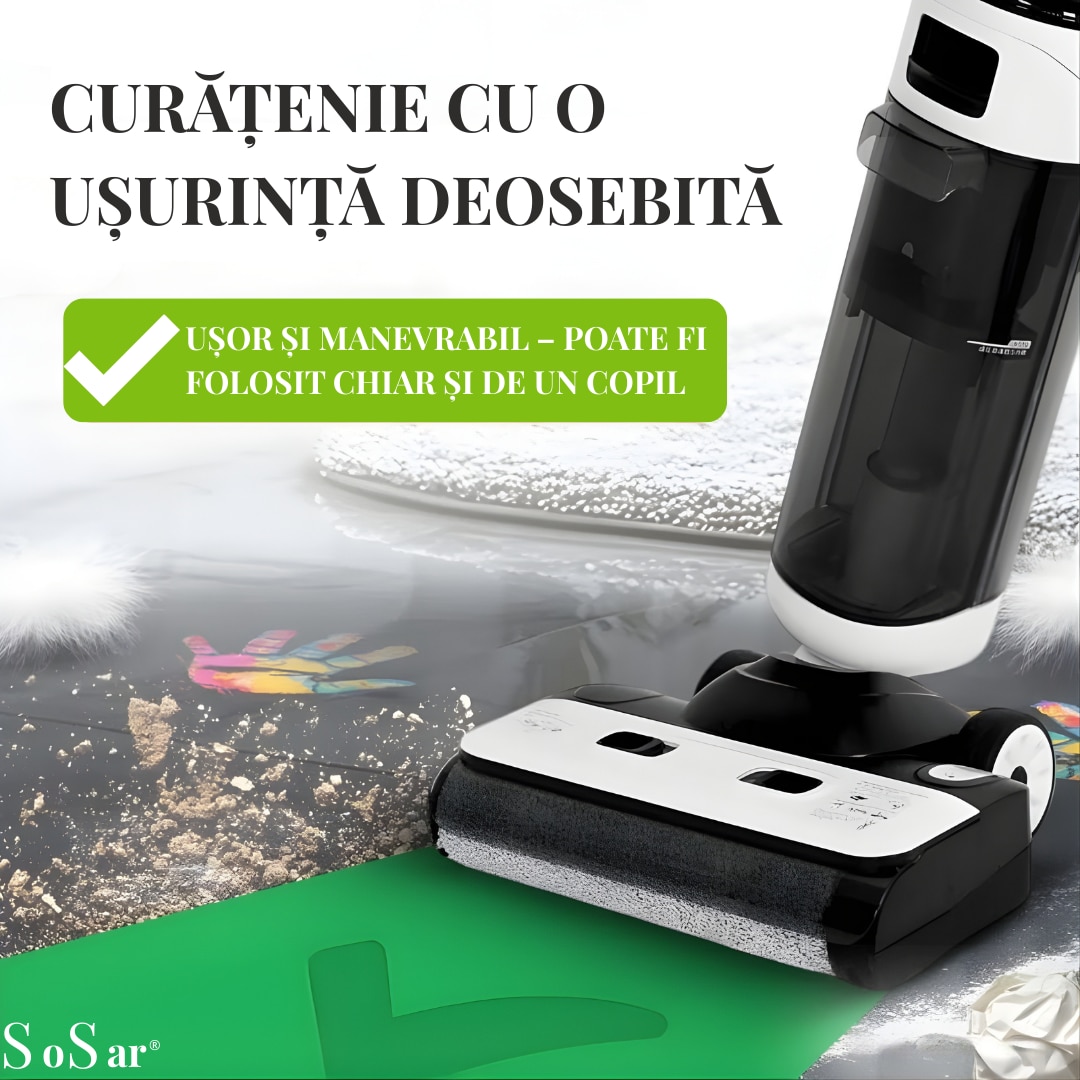 Aspirator Vertical SoSar PRO cu Spalare, Power 12000Pa, Autonomie 60 minute, Ecran LED, 2 Rezervoare