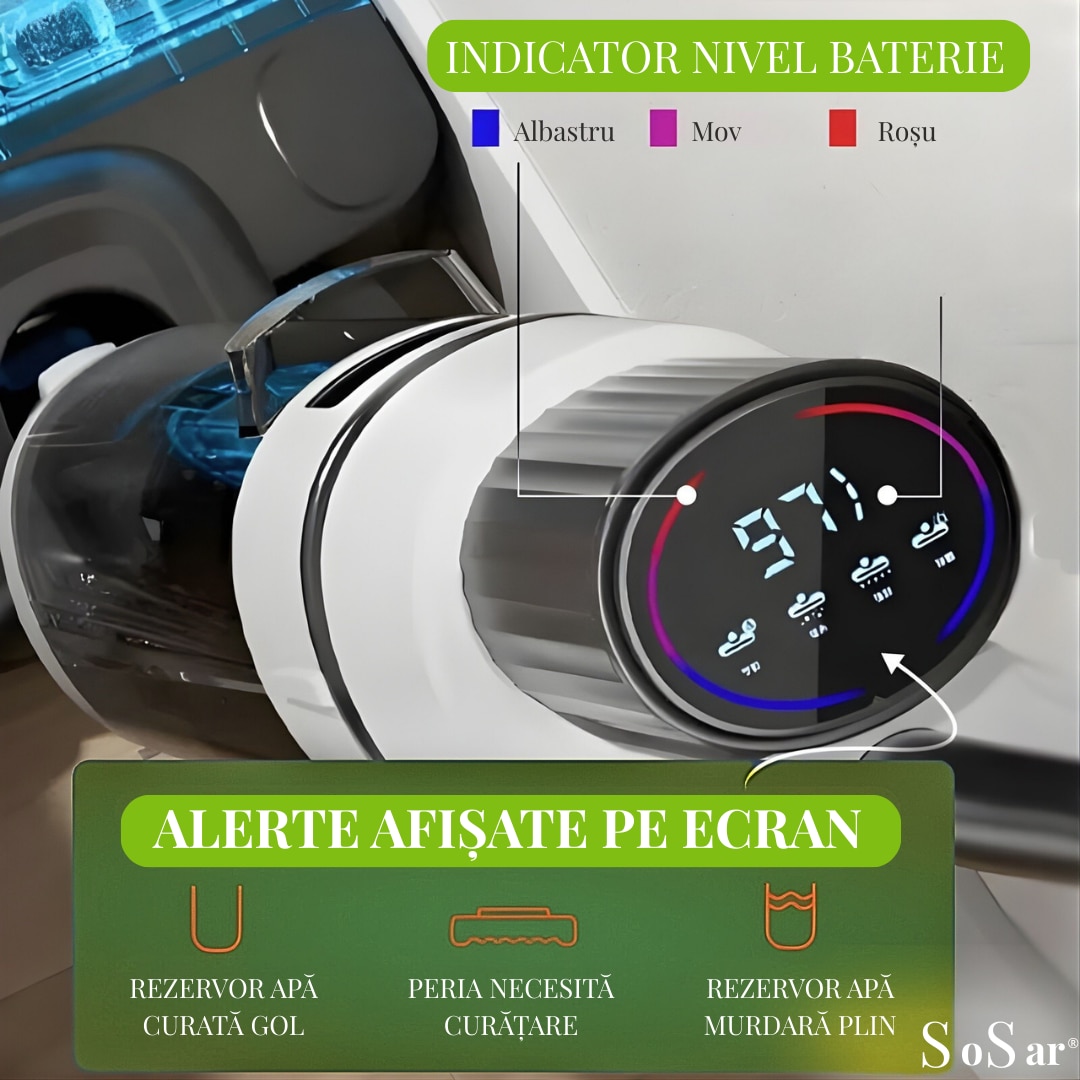 Aspirator Vertical SoSar PRO cu Spalare, Power 12000Pa, Autonomie 60 minute, Ecran LED, 2 Rezervoare