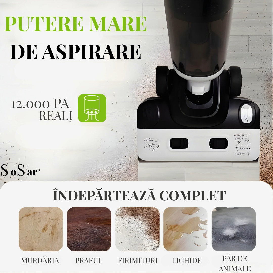 Aspirator Vertical SoSar PRO cu Spalare, Power 12000Pa, Autonomie 60 minute, Ecran LED, 2 Rezervoare