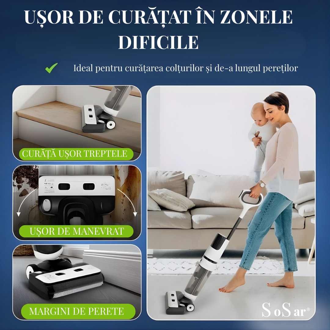 Aspirator Vertical SoSar PRO cu Spalare, Power 12000Pa, Autonomie 60 minute, Ecran LED, 2 Rezervoare