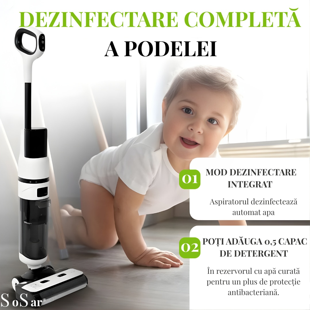 Aspirator Vertical SoSar PRO cu Spalare, Power 12000Pa, Autonomie 60 minute, Ecran LED, 2 Rezervoare
