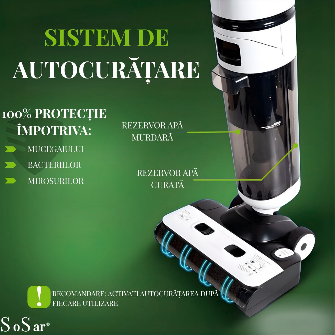 Aspirator Vertical SoSar PRO cu Spalare, Power 12000Pa, Autonomie 60 minute, Ecran LED, 2 Rezervoare