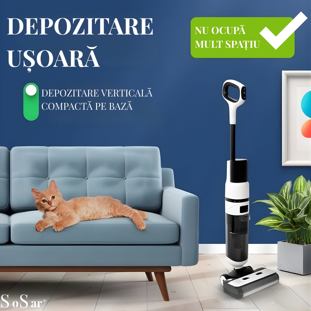 Aspirator Vertical SoSar PRO cu Spalare, Power 12000Pa, Autonomie 60 minute, Ecran LED, 2 Rezervoare