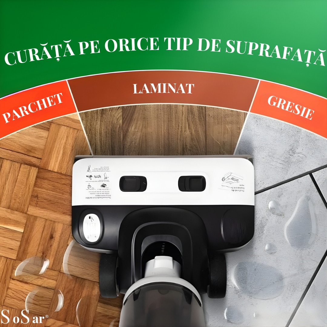 Aspirator Vertical SoSar PRO cu Spalare, Power 12000Pa, Autonomie 60 minute, Ecran LED, 2 Rezervoare