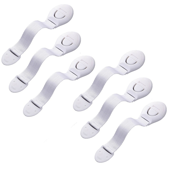 Set sigurante pentru usi si sertare, flexibile textile, ajustabile, cu adeziv 3M, pentru dulap, frigider, cuptor si mobilier, 6 bucati, alb