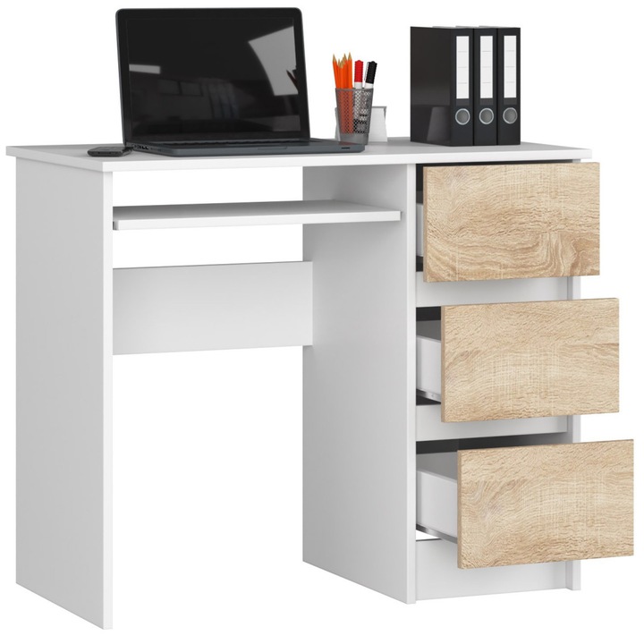Birou computer pal 3 sertare raft tastatura, 90x50x77 cm, design modern ...