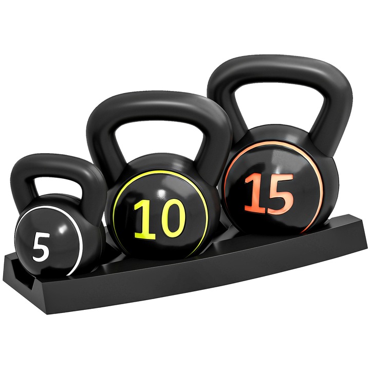 SPORTNOW Set 3 Kettlebell de 2.2 kg, 4.5 kg si 6.8 kg cu Baza Plata si Suport pentru Greutati, din Plastic si Nisip, Negru