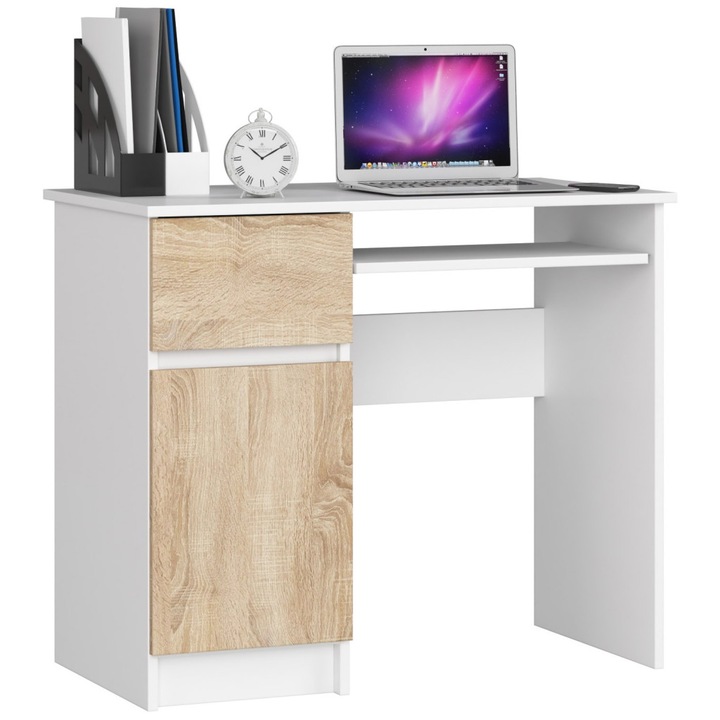 Birou computer pal sertar dulap raft tastatura stanga, 90x50x77 cm, design modern, alb stejar sonoma