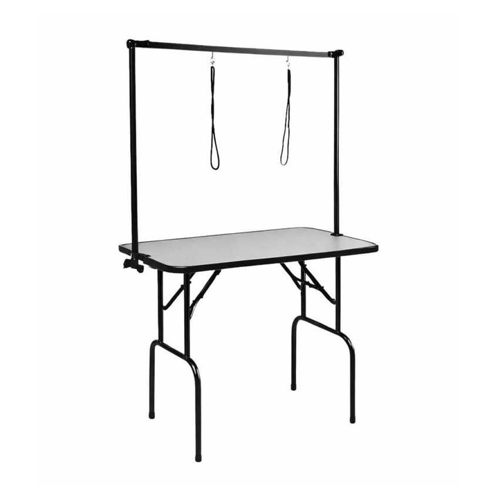 Masa de toaletaj, D110, 110 × 61 x 80 cm, pliabia, cu brat dublu, blat antiderapant, cadru metalic, pentru ingrijirea cainilor si pisicilor, Gri