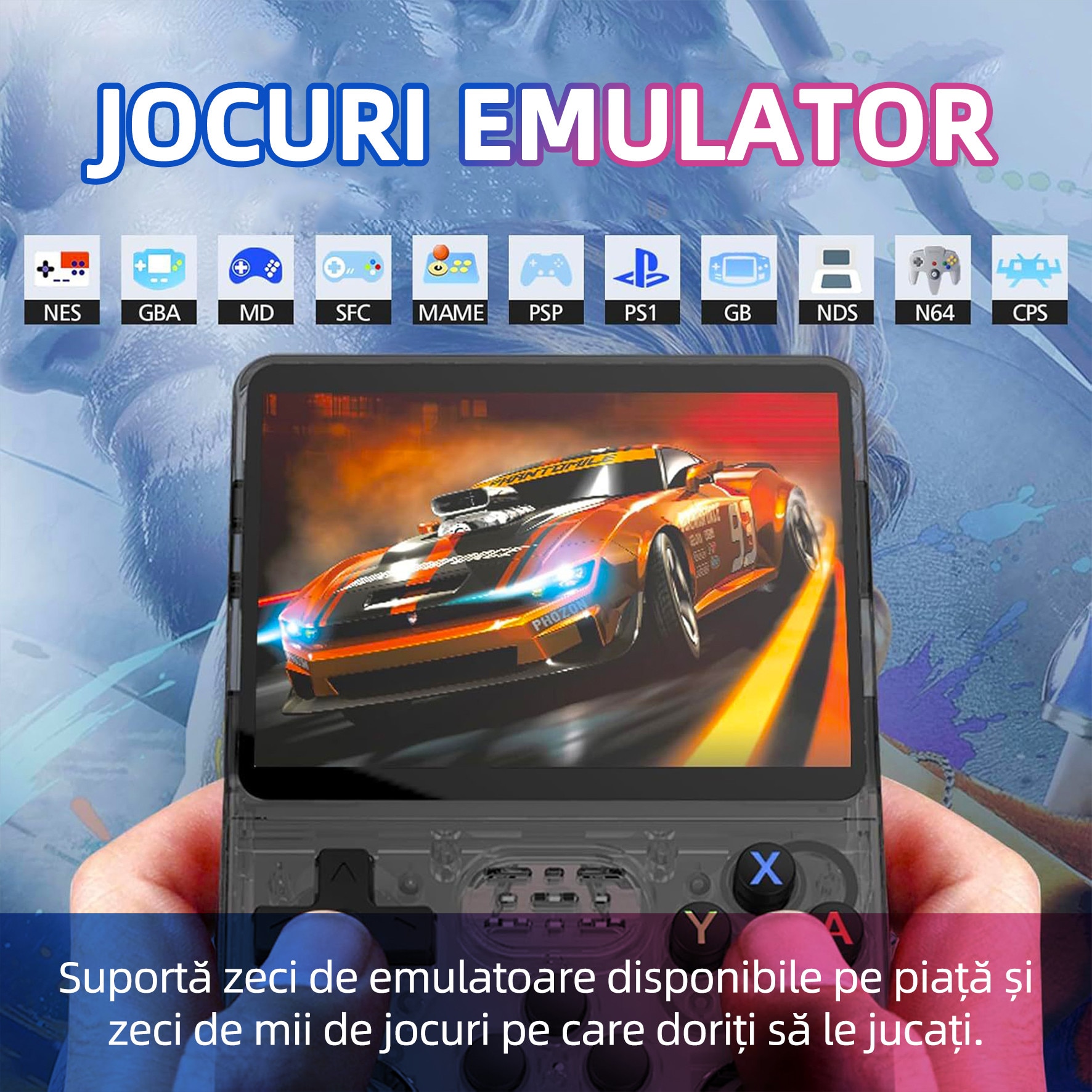 Consola jocuri retro portabila, Yulinland®, 64G, 17.000+ jocuri preinstalate, Suport 10 emulatoare, IPS LCD 3.5" 640x480, Sistem Linux open source, Transparent negru