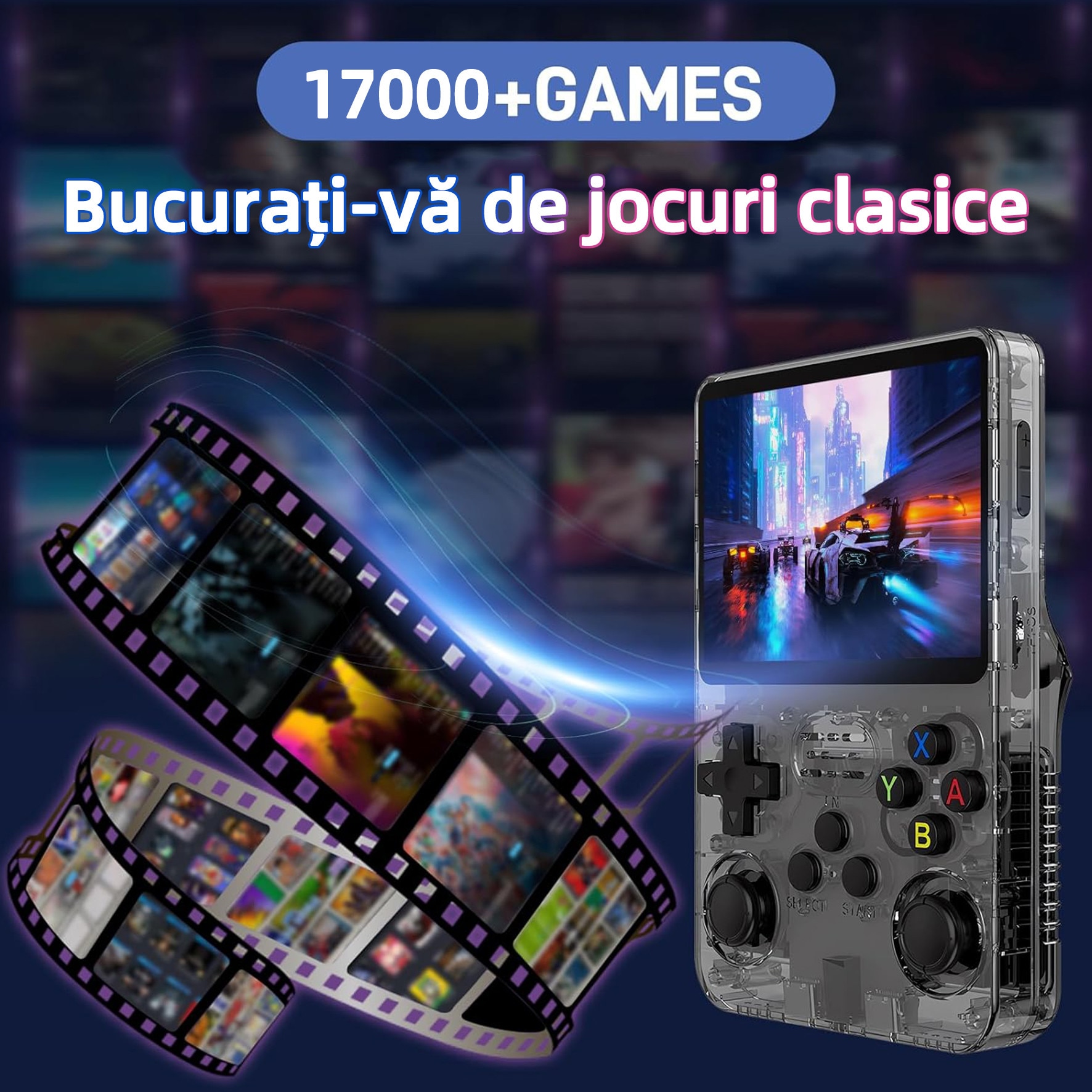 Consola jocuri retro portabila, Yulinland®, 64G, 17.000+ jocuri preinstalate, Suport 10 emulatoare, IPS LCD 3.5" 640x480, Sistem Linux open source, Transparent negru
