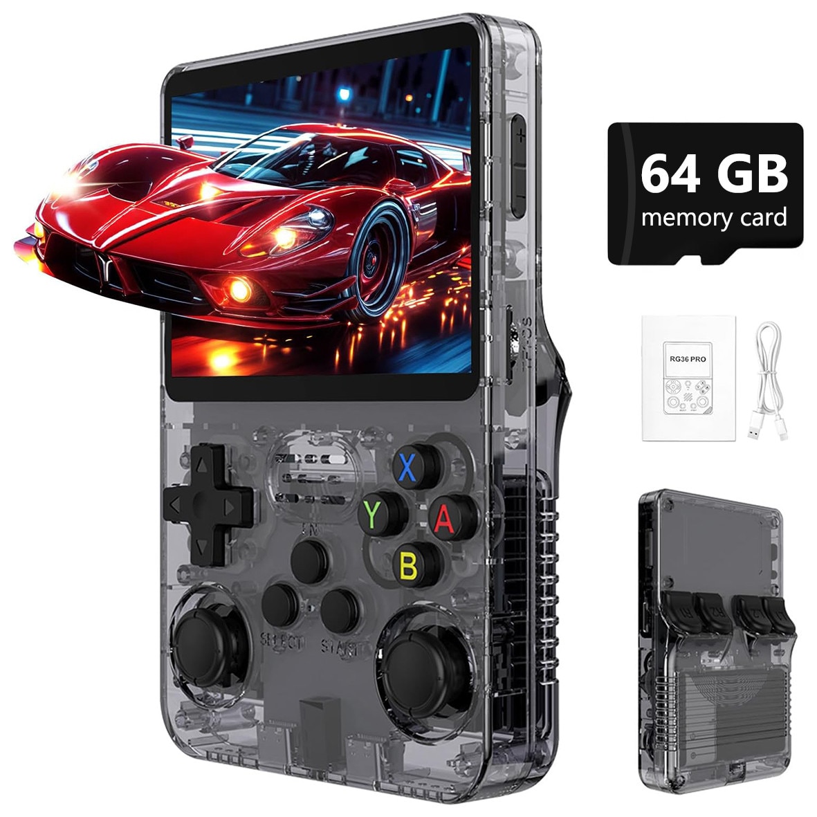Consola jocuri retro portabila, Yulinland®, 64G, 17.000+ jocuri preinstalate, Suport 10 emulatoare, IPS LCD 3.5" 640x480, Sistem Linux open source, Transparent negru