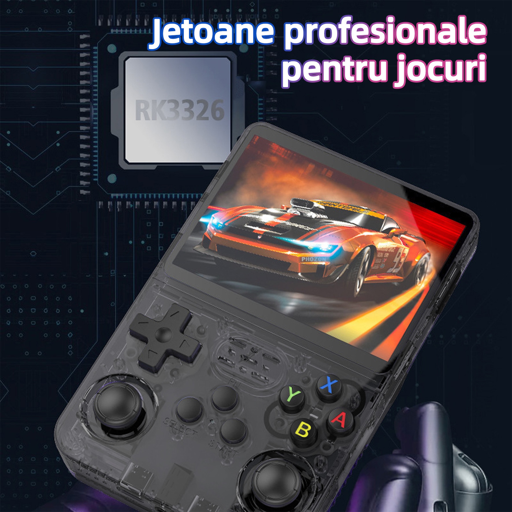 Consola jocuri retro portabila, Yulinland®, 64G, 17.000+ jocuri preinstalate, Suport 10 emulatoare, IPS LCD 3.5" 640x480, Sistem Linux open source, Transparent negru