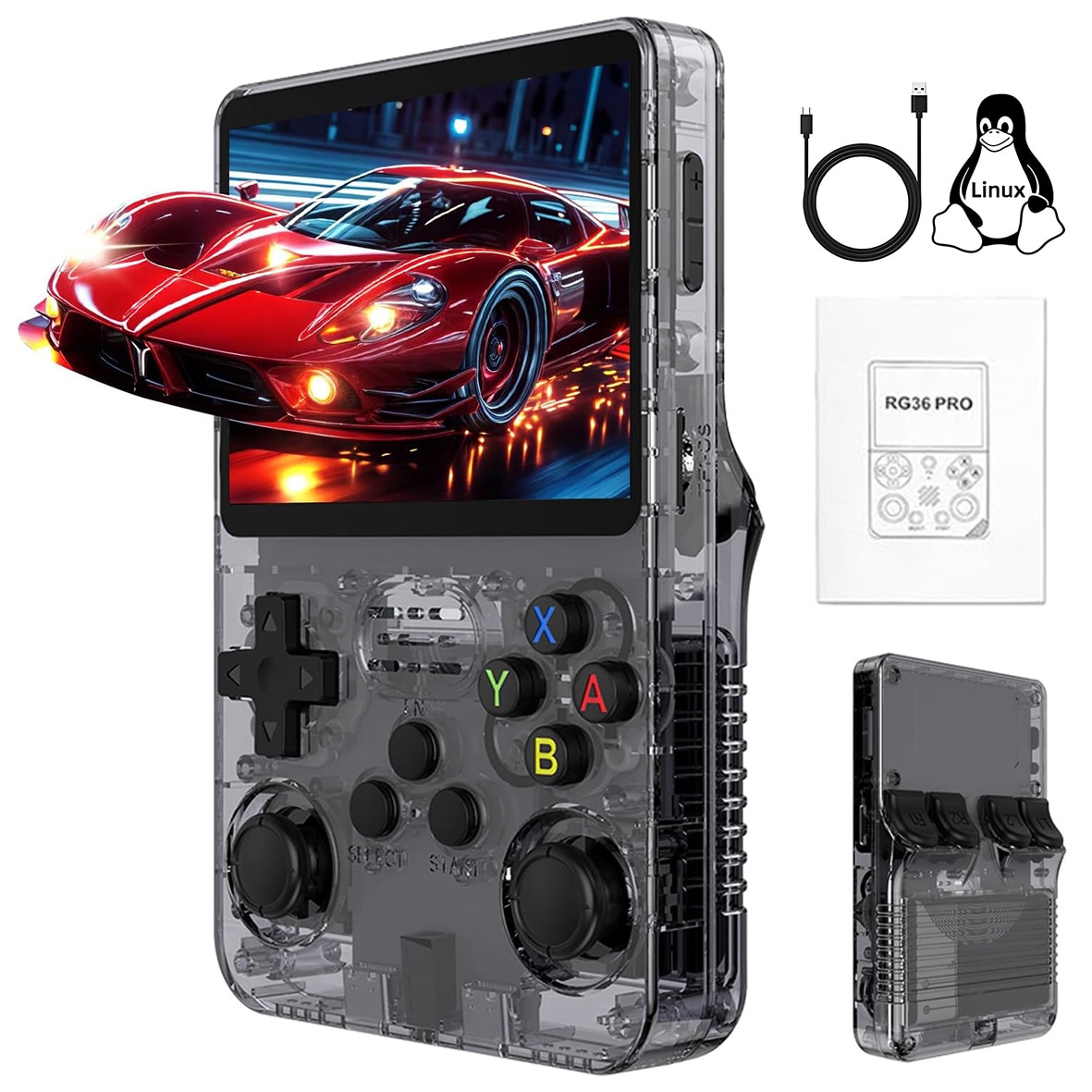 Consola jocuri retro portabila, Yulinland®, 17.000+ jocuri preinstalate, Suport 10 emulatoare, IPS LCD 3.5" 640x480, Sistem Linux open source, Transparent negru