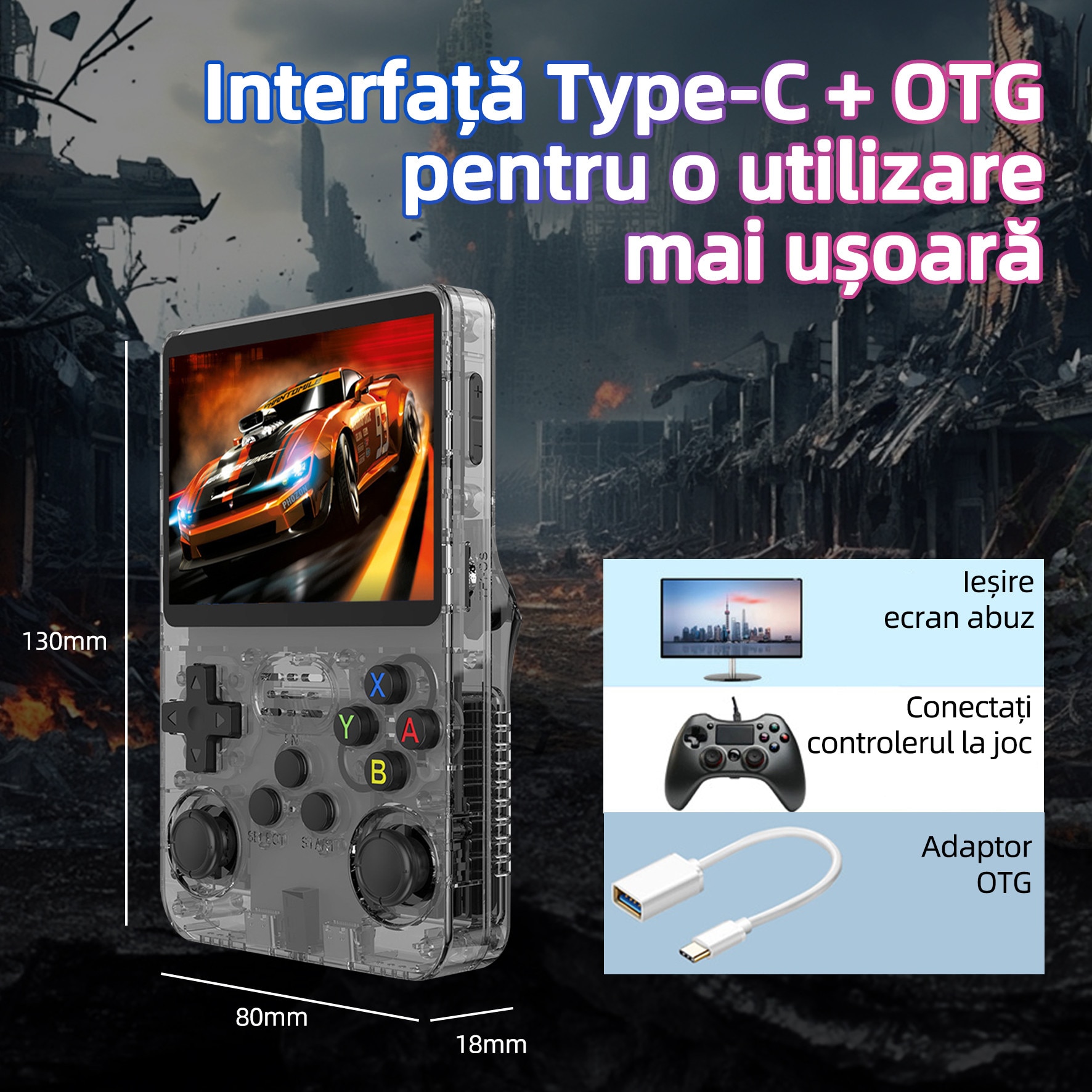 Consola jocuri retro portabila, Yulinland®, 64G, 17.000+ jocuri preinstalate, Suport 10 emulatoare, IPS LCD 3.5" 640x480, Sistem Linux open source, Transparent negru