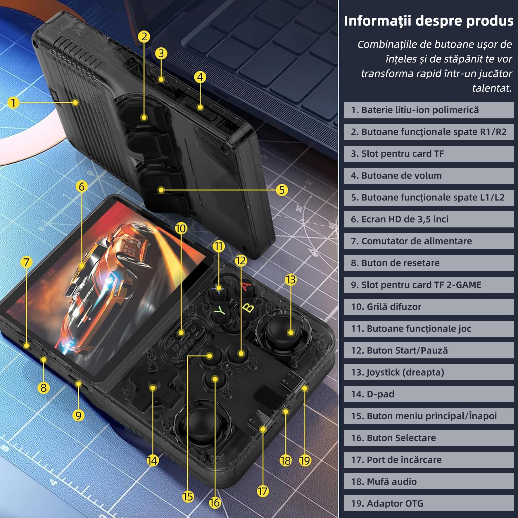 Consola jocuri retro portabila, Yulinland®, 64G, 17.000+ jocuri preinstalate, Suport 10 emulatoare, IPS LCD 3.5" 640x480, Sistem Linux open source, Transparent negru