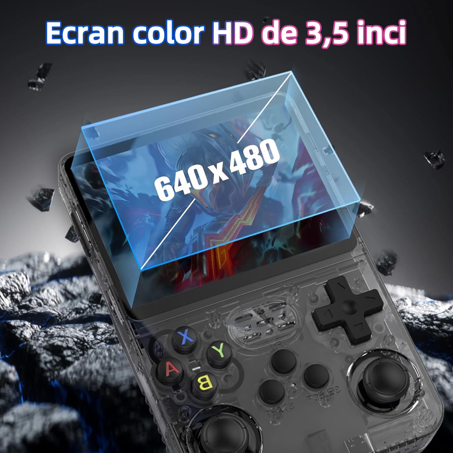 Consola jocuri retro portabila, Yulinland®, 64G, 17.000+ jocuri preinstalate, Suport 10 emulatoare, IPS LCD 3.5" 640x480, Sistem Linux open source, Transparent negru