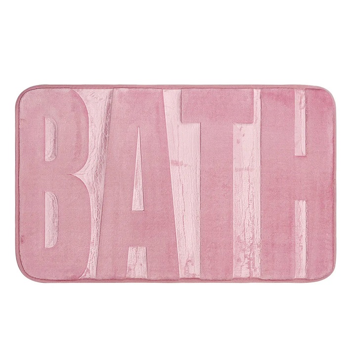 Covoras baie cu inscriptie BATH, antiderapant TRP, 45×75 cm, Roz