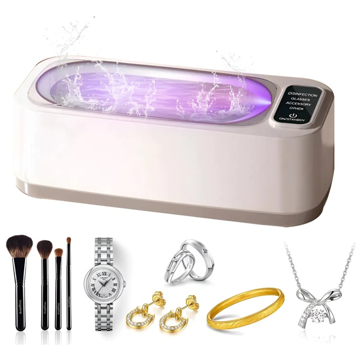 Уред за почистване на бижута, ултразвукова и UV технология, неръждаема стомана, 47kHz, 4 скорости на почистване, стерилизация и дезинфекция, за козметика, очила, часовник, обеци, капацитет 350ML, мощност 24W