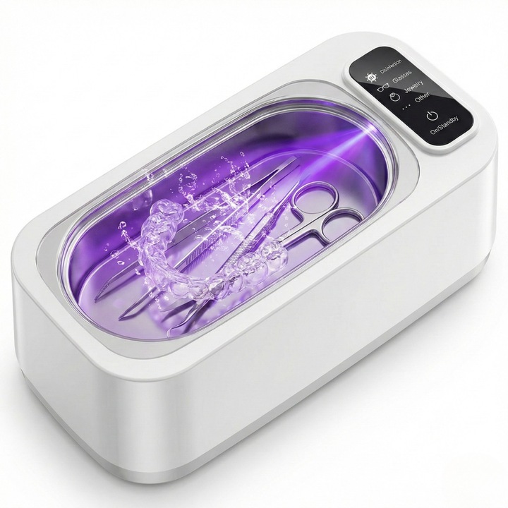 Aparat de curatare cu ultrasunete, cu UV, inox, 47kHz, 4 vitezede curatare, sterilizare si dezinfectare, pentru cosmetice, ochelari, ceas, cercei, bijuterii, instrumente medicale, capacitate 350ML, Putere 24W