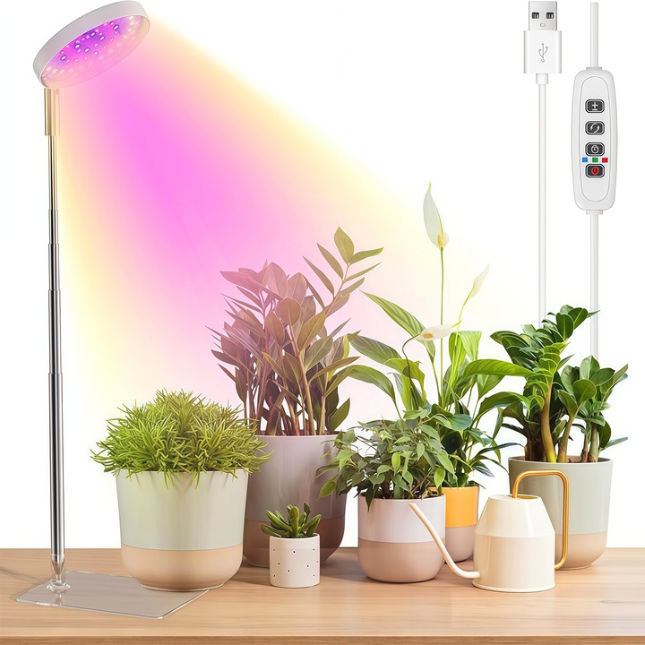 Lampa pentru cresterea plantelor, Wacorresi®, Timer Automat 3/9/12h, pentru cresterea accelerata a plantelor, intensitate lumina ajustabila, inaltime reglabila, 3 Moduri de Lumina, Alimentare USB, alb