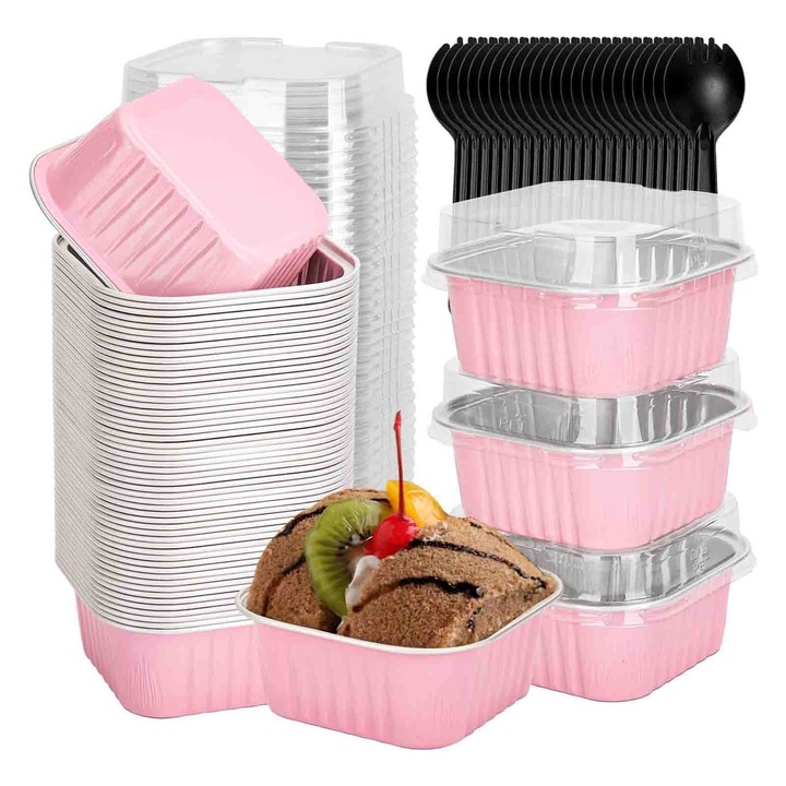 Set 50 forme de copt prajituri, asskanaer, Cu capace si lingurita, Unica folosinta, Rezistenta la grasimi, Antiaderenta, Sigura si durabila, Termorezistenta, Pentru briose, cupcakes si prajituri, Hartie/Aluminiu, 6.7 * 3.5 * 9 cm, Roz/Argintiu