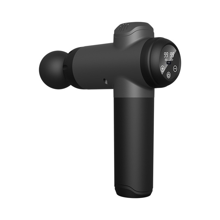 Мини масажен пистолет, ORBER, 8 масажни глави, 99 нива на интензивност, модел с електрически LCD цифров дисплей, отпуска мускулите и облекчава умората, компактен и преносим, батерия 1200 mAh, удължен живот на батерията, черен