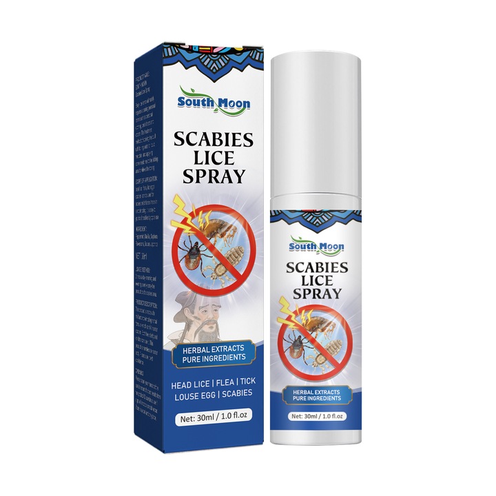 Spray pentru indepartarea paduchilor, ingrediente naturale, curata in profunzime radacinile parului, curatarea scalpului, anti-paduchi, produs de ingrijire a scalpului, paduchi la contact, eradicarea paduchilor, spray de calatorie, ambalaj