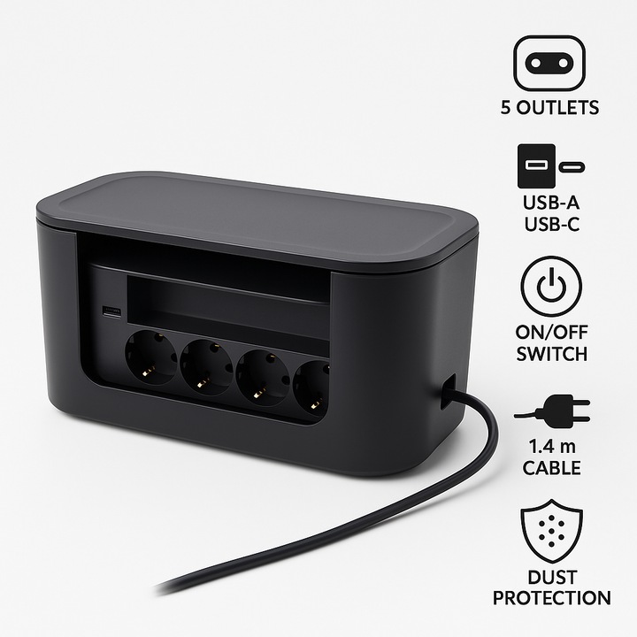 Cutie organizare cabluri S Eye, 5 prize USB A si USB C, capac de protectie, birou si casa