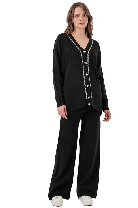 Set tricotat Big Dart, cardigan cu decolteu in V si pantaloni largi, negru, tricot, One Size INTL