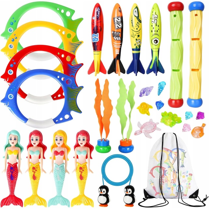 Set de jucarii de inot pentru copii, 28 piese, design colorat, material sigur, cu geanta de transport