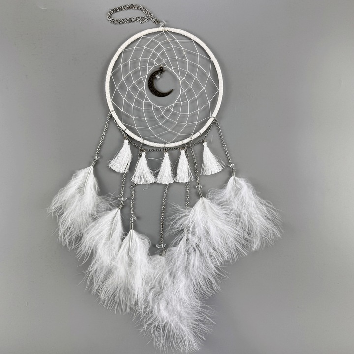 Dreamcatcher alb 50 cm elegant cu pene luna decoratiune boho amulet de protectie