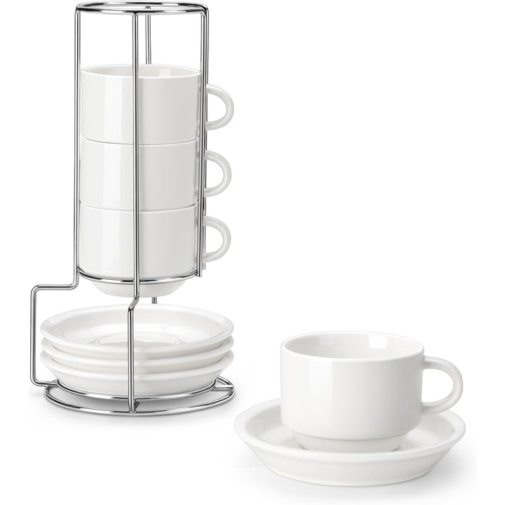 Set 4 Set 4 Cesti Cafea Si Farfurioare Excitat@, Suport metalic, 230 ml, Pentru bauturi cu cafea, latte, ceai, Alb