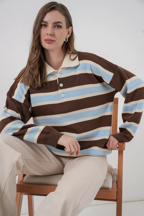 Pulover dama, Big Dart, polo cu dungi, albastru maya, tricot, One Size INTL