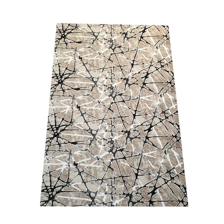 Covor Antiderapant Abstract, Bej cu Negru, 80x150cm, Poliester, Grosime 8mm