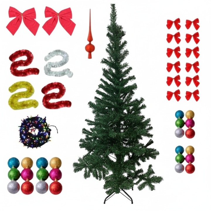 Изкуствена коледна елха, напълно украсена, LED инсталация, големи панделки, малки панделки, големи топки, малки топки, връх, метална стойка, 180 см