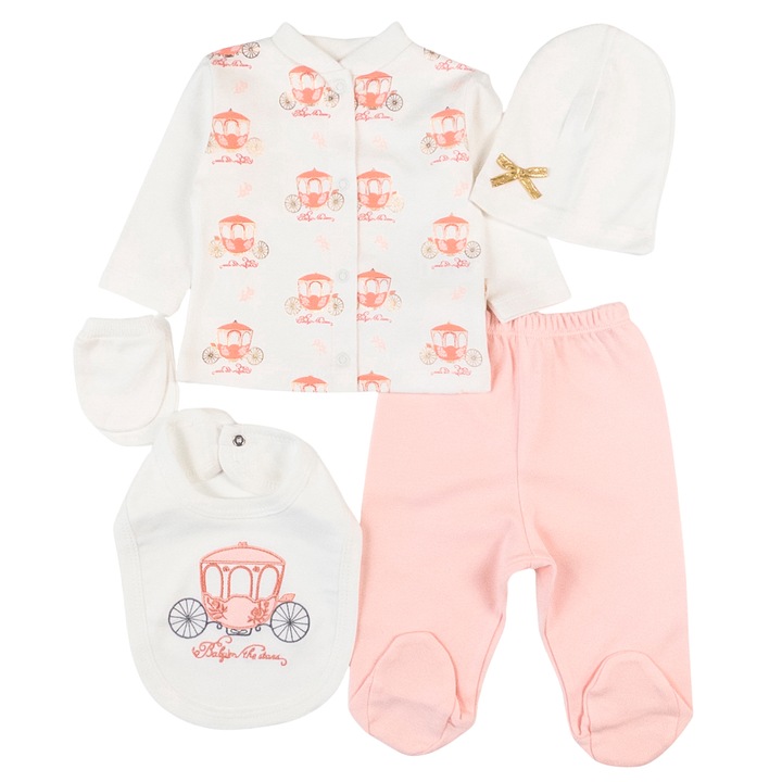 Set 5 piese pentru Nou Nascuti fetite, Model Caleasca Regala 62 CM