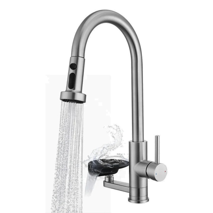 Konyhai csaptelep, EDYLUX®, 3 az 1-ben, kihúzható szórófejjel, kihúzható tömlővel, pohármosó rendszerrel, mélytisztítással és 360 fokban forgatható magas csappal, szürke