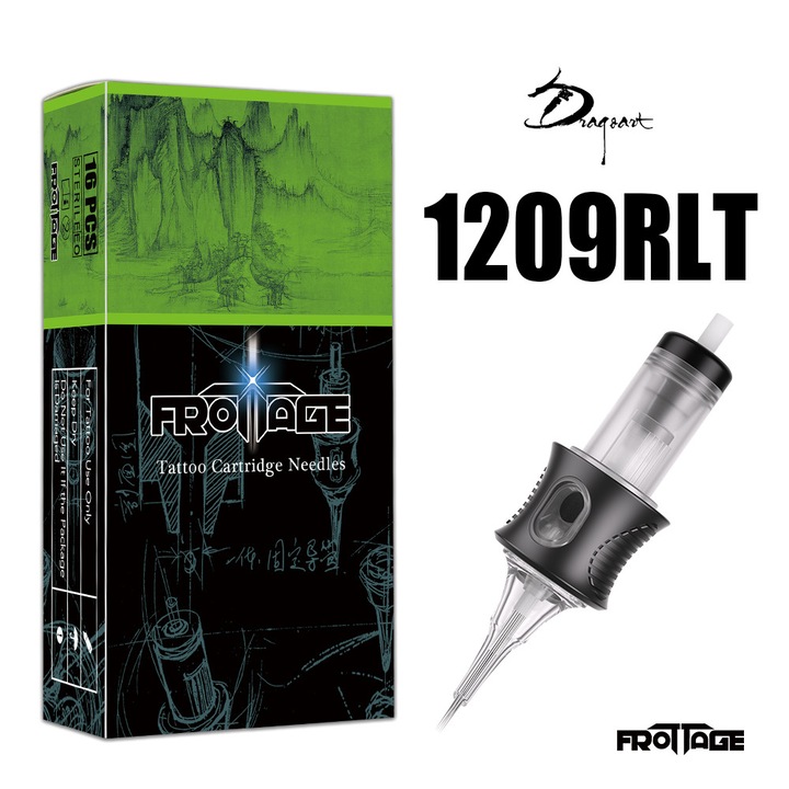 16 db tetováló tű készlet, DRAGOART, 1209RLT modell, rozsdamentes acél, átlátszó műanyag tok, egyszer használatos