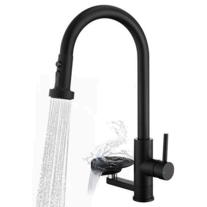 Кухненска батерия, EDYLUX®, 3 в 1, с изтеглящ се спрей, разтегателен маркуч, система за изплакване на чаши, дълбоко почистване и висок въртящ се на 360 градуса кран, черна