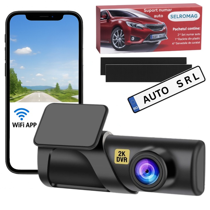 Cameră Auto DVR 2K SELROMAG, G-Senzor, WiFi, Unghi 170, Set Suport Numere Fără Gaurire