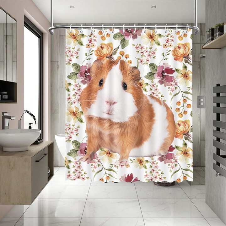 Perdea textila de dus, usor lavabila, impermeabila 180x180 cm cu12 carlige, Model Hamster