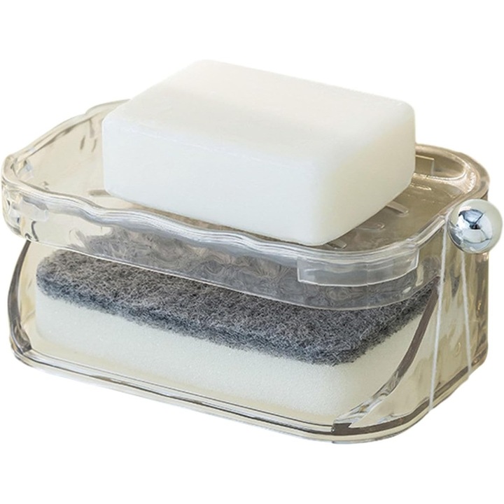 Savoniera Dubla, Leski, 2 Straturi, Instalare fara Perforare, Agatatoare Burete, 13.5 x 8.5 x 6 cm, Transparent