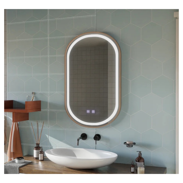 LED огледало OPTIM DEKO, тъч, с функция против замъгляване, златисто, 50x80см