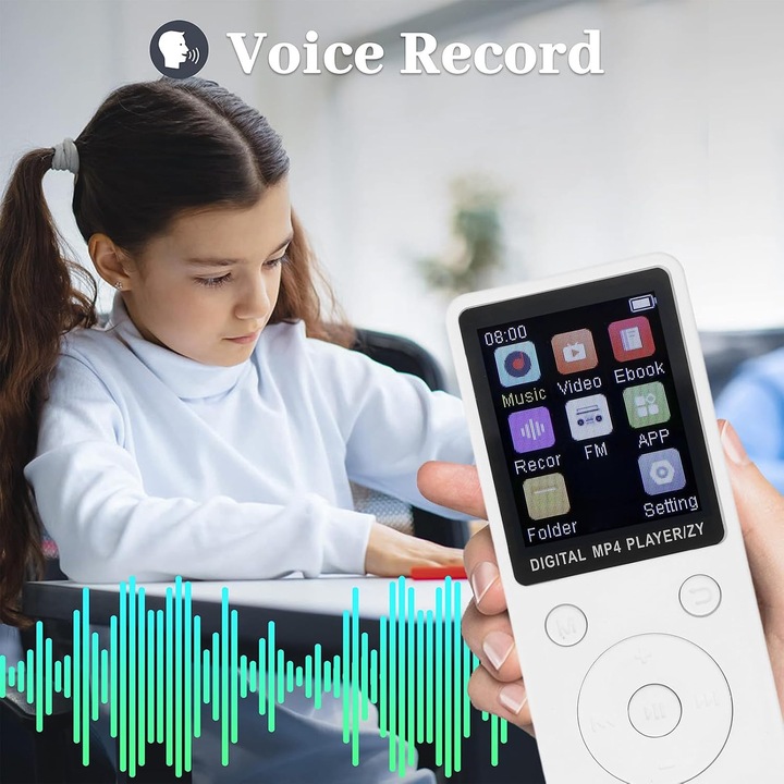 Player MP3 portabil, 64GB, alb, cu Bluetooth, difuzor integrat, 1.8 inch, suport pentru inregistrare audio si e-book-uri