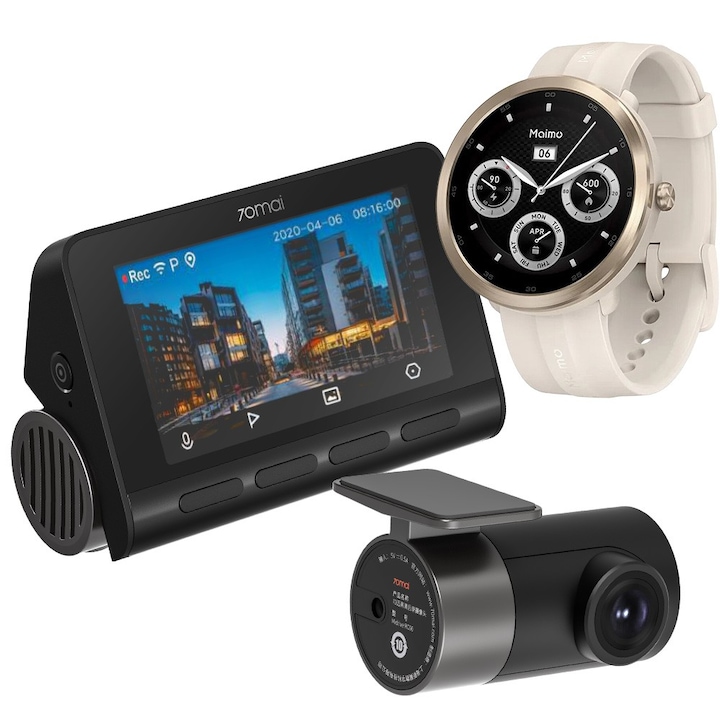 Camera video auto 70mai Dash Cam 4K A800S, Camera spate RC06, Maimo Watch R Gold-GPS WT2001-GPS, Negru, Wi-Fi, Night Vision