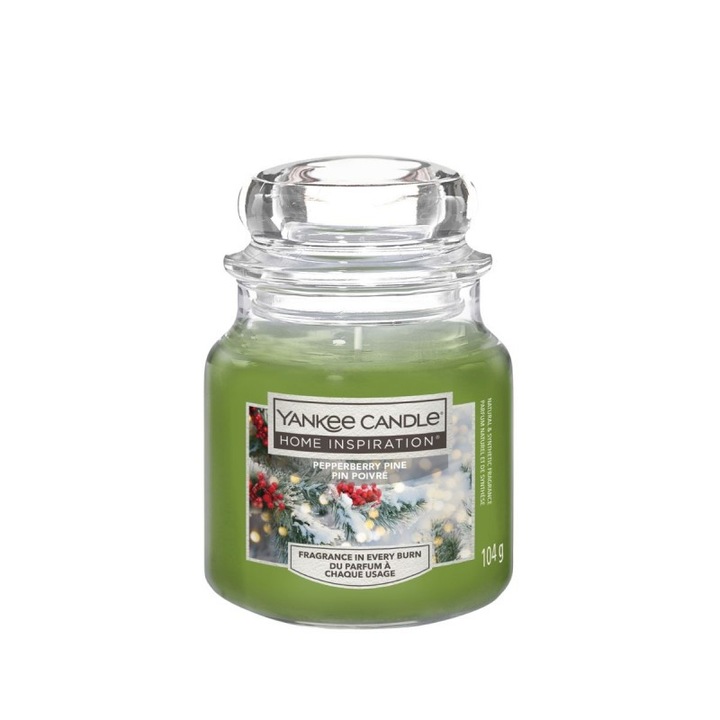 Ароматна свещ Yankee Candle, Pepperberry Pine, аромат на ела, мента, малина, 10x15см