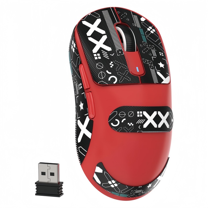 Мишка Gaming Poisoon X3, 49g, PixArt PAW3395 26000 DPI, Bluetooth/2.4GHz/Кабелен режим, 200 часа живот на батерията, Kailh GM 8.0 суичове, червен