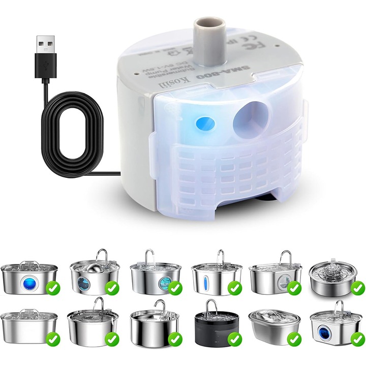 Pompa de apa pentru fantana pentru pisici, SMA-800, submersibila, 160L/h, alb, 5V/1.5W, Kosiil