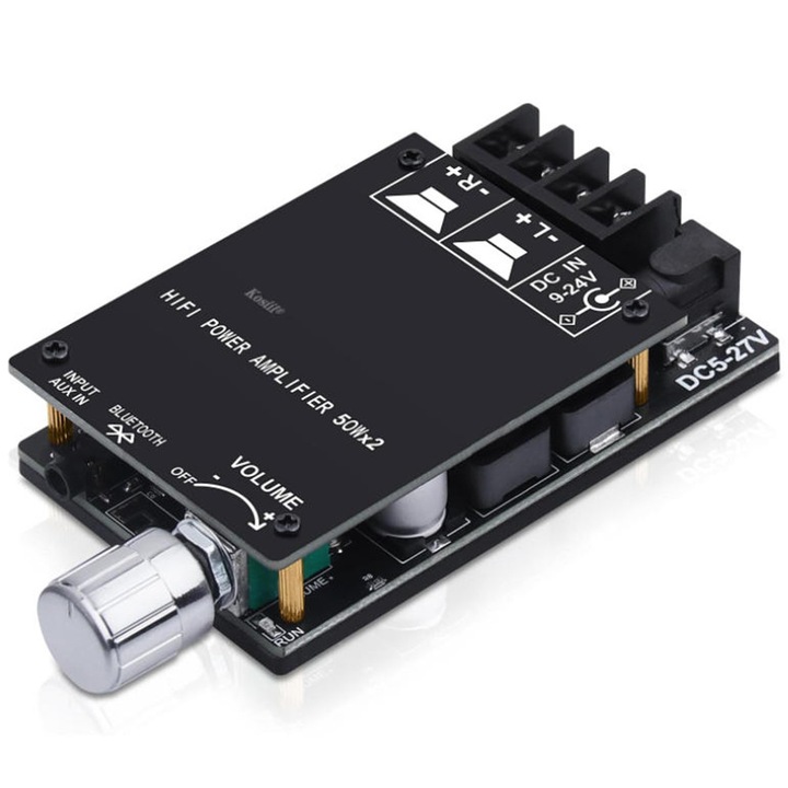 ZK-502C audio erősítő, 2 x 50W, Bluetooth 5.0, 102x50x18mm, DIY hangszórókhoz, fekete, Kosiil